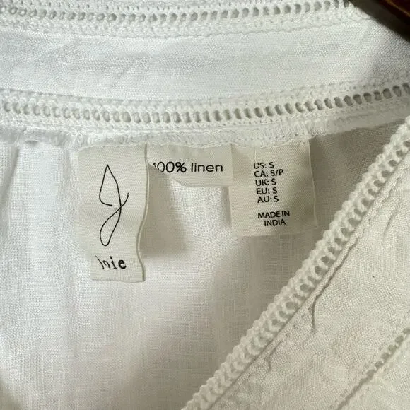 Joie | White 100% Linen Eyelet Detail V-neck 3/4 Sleeve Casual Tunic Top - Picture 11 of 12